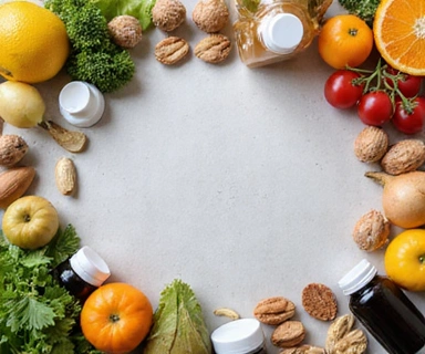 Assorted vitamins and minerals in glass bottles with healthy fruits and vegetables