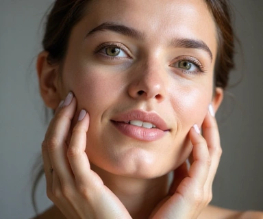 Woman with glowing youthful skin applying skincare product